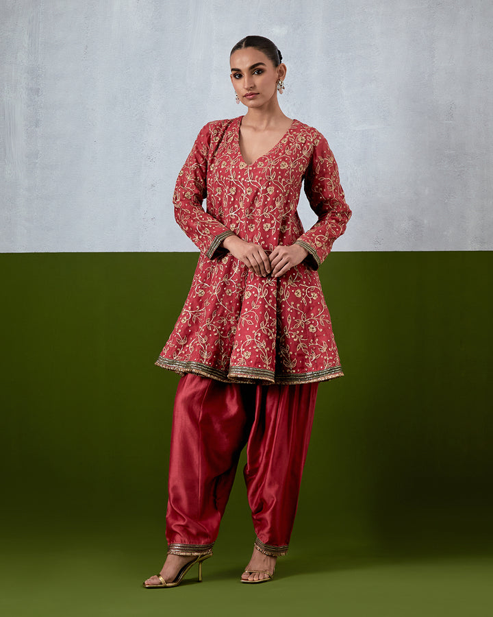 Pink Hand Embroidered Chanderi Suit Set