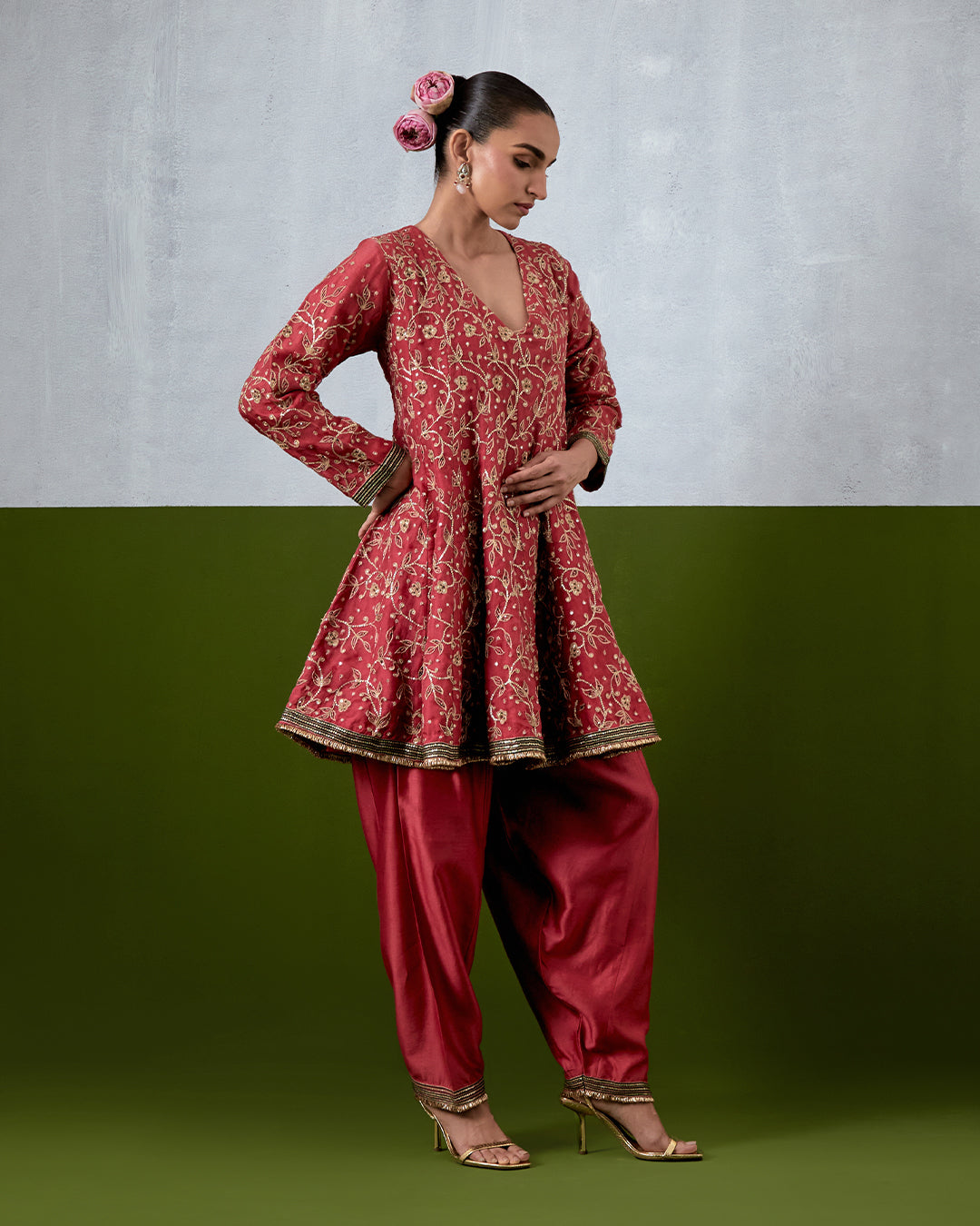 Pink Hand Embroidered Chanderi Suit Set