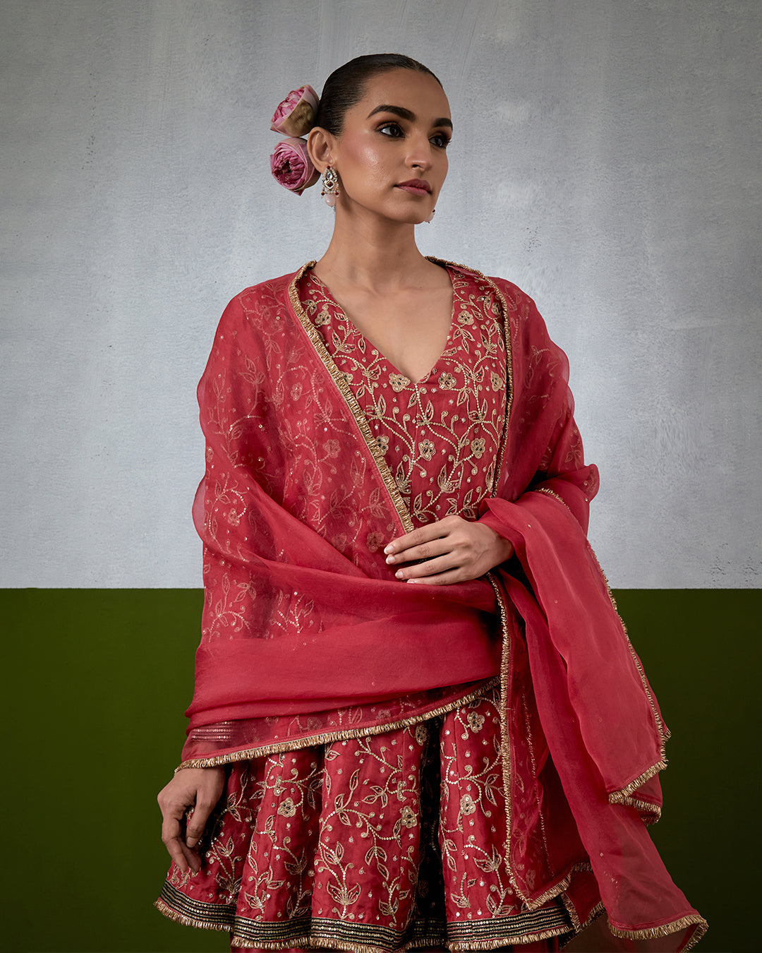 Pink Hand Embroidered Chanderi Suit Set