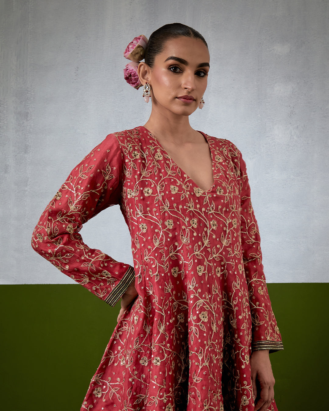 Pink Hand Embroidered Chanderi Suit Set