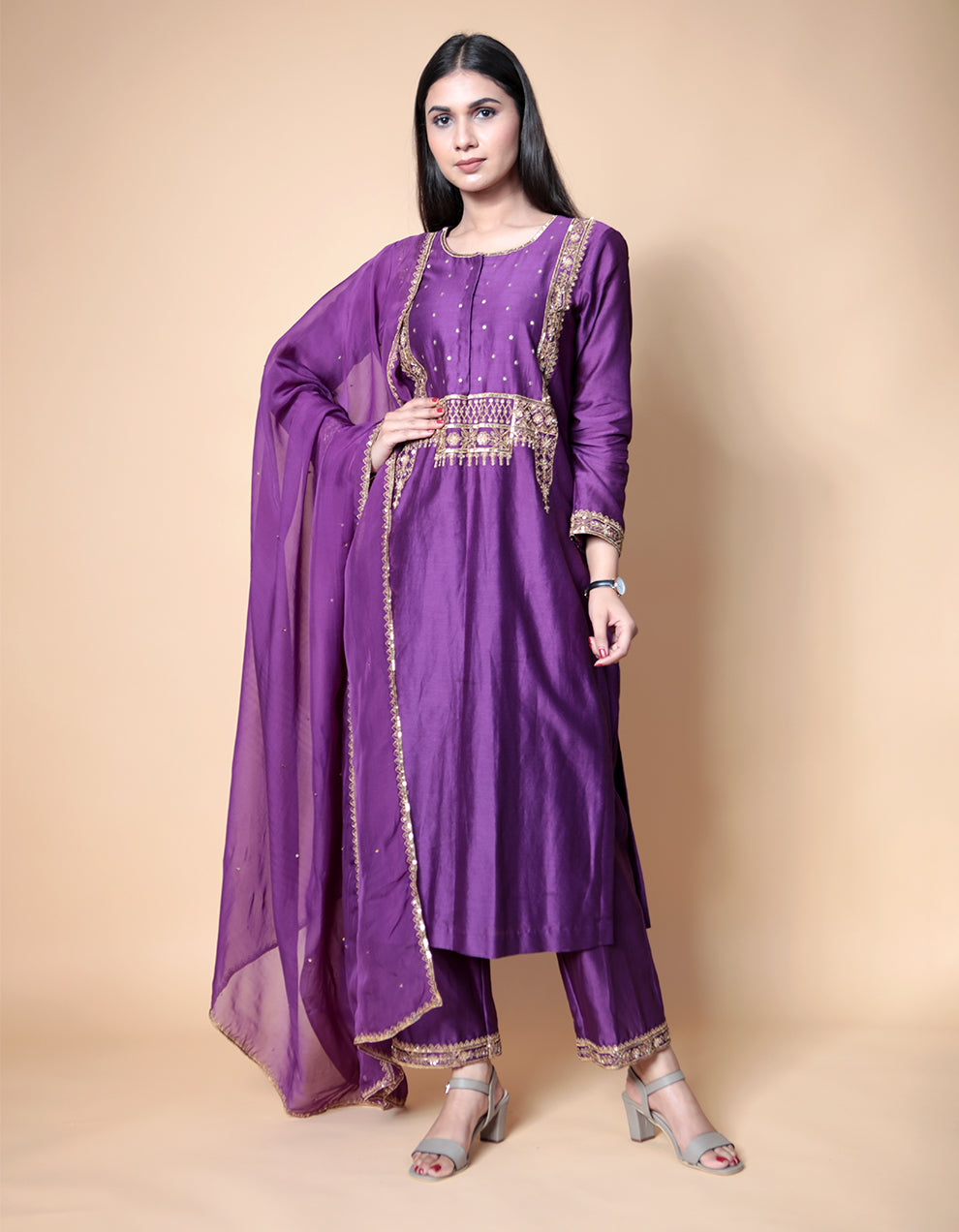 Purple chanderi silk kurta with pants