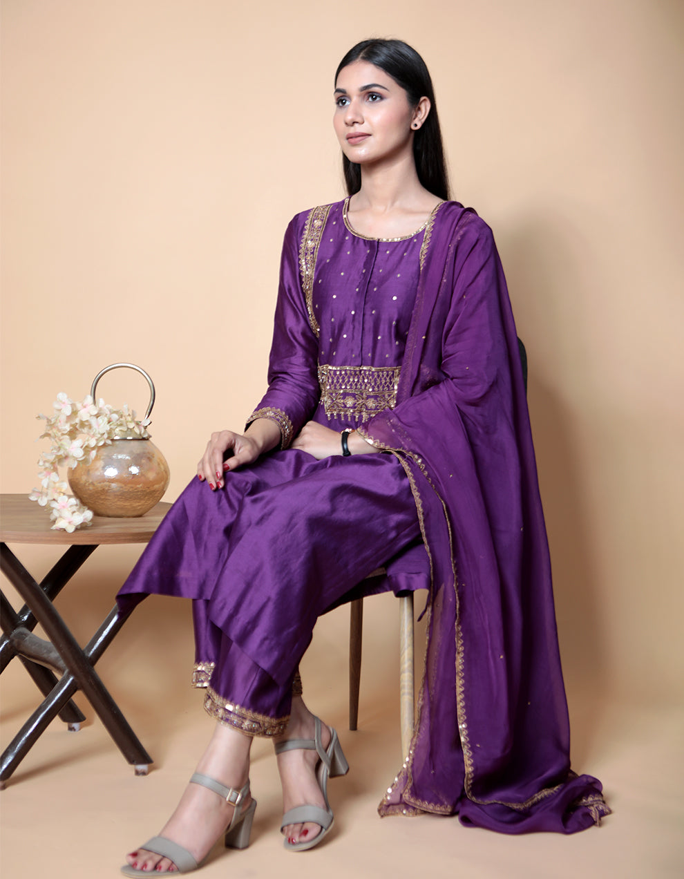 Purple chanderi silk kurta with pants