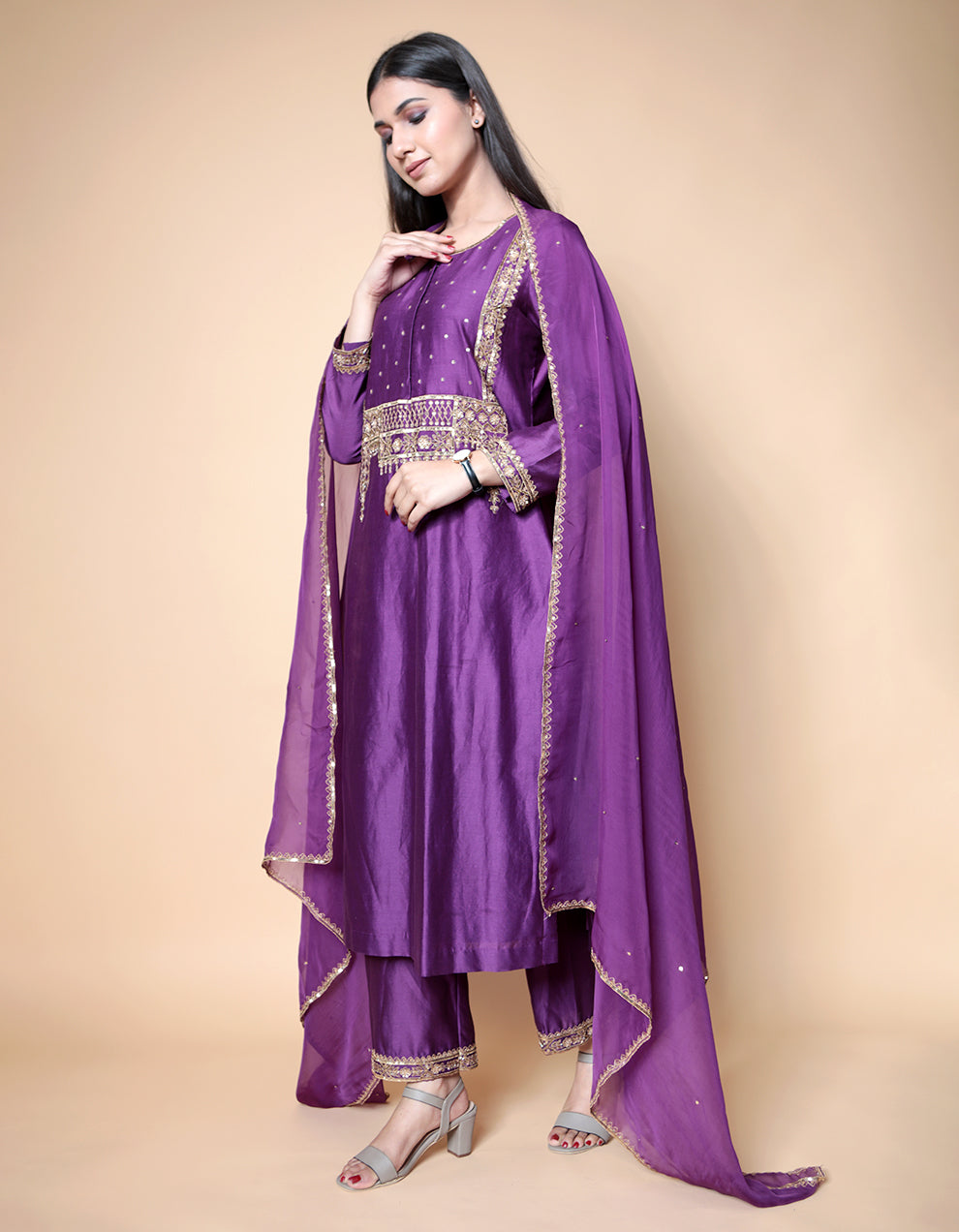 Purple Chanderi Silk Kurta With Pants And A Tissue Organza Dupatta