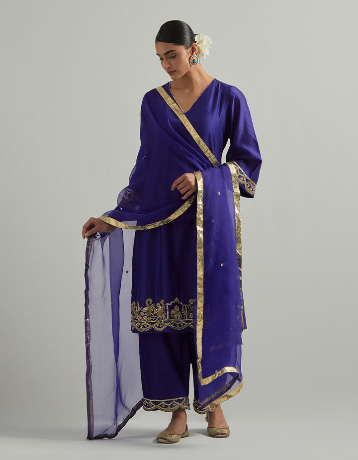 Purple Chanderi Suit With Pant And Organza Dupatta