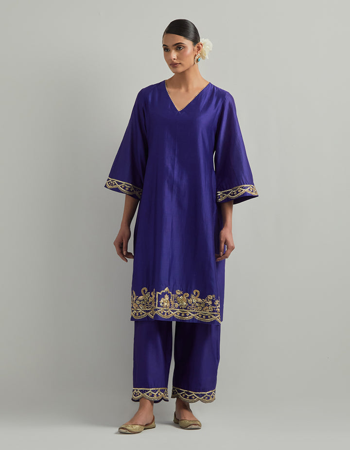 Purple Chanderi Suit With Pant And Organza Dupatta