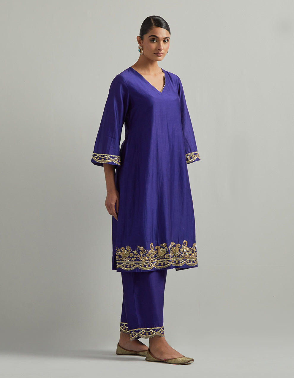 Purple Chanderi Suit With Pant And Organza Dupatta