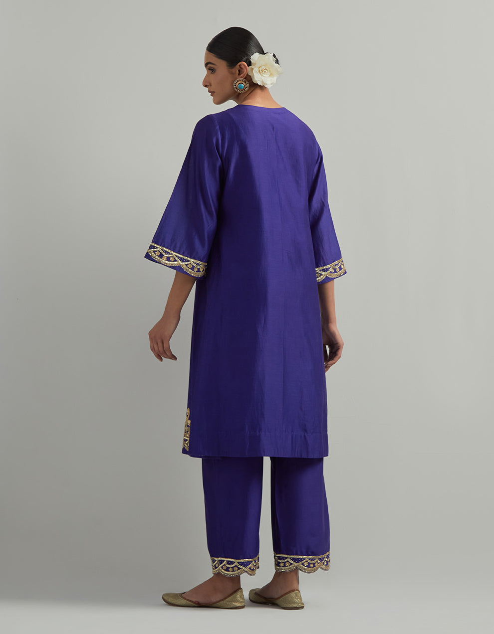 Purple Chanderi Suit With Pant And Organza Dupatta