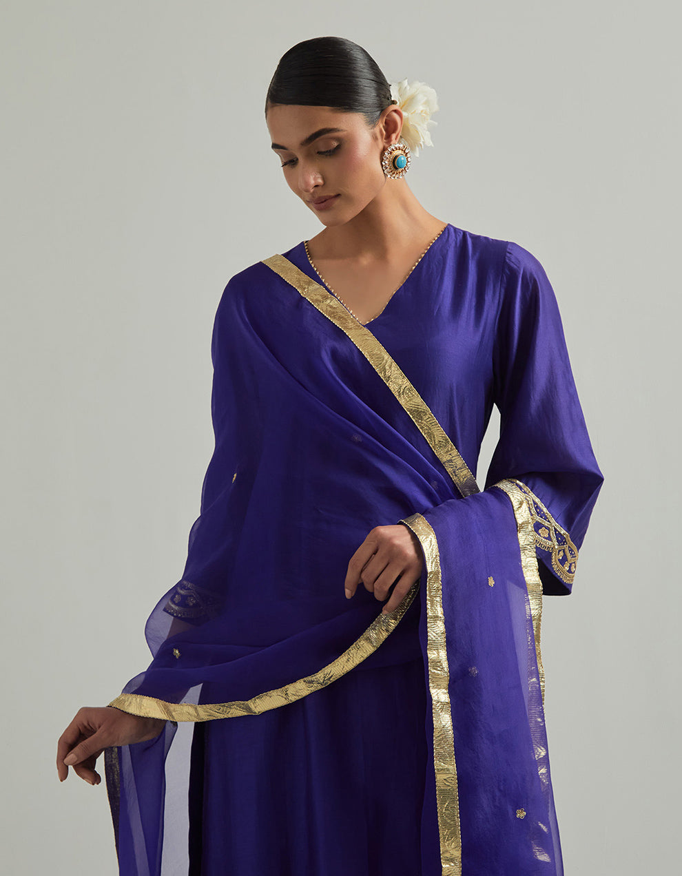 Purple Chanderi Suit With Pant And Organza Dupatta