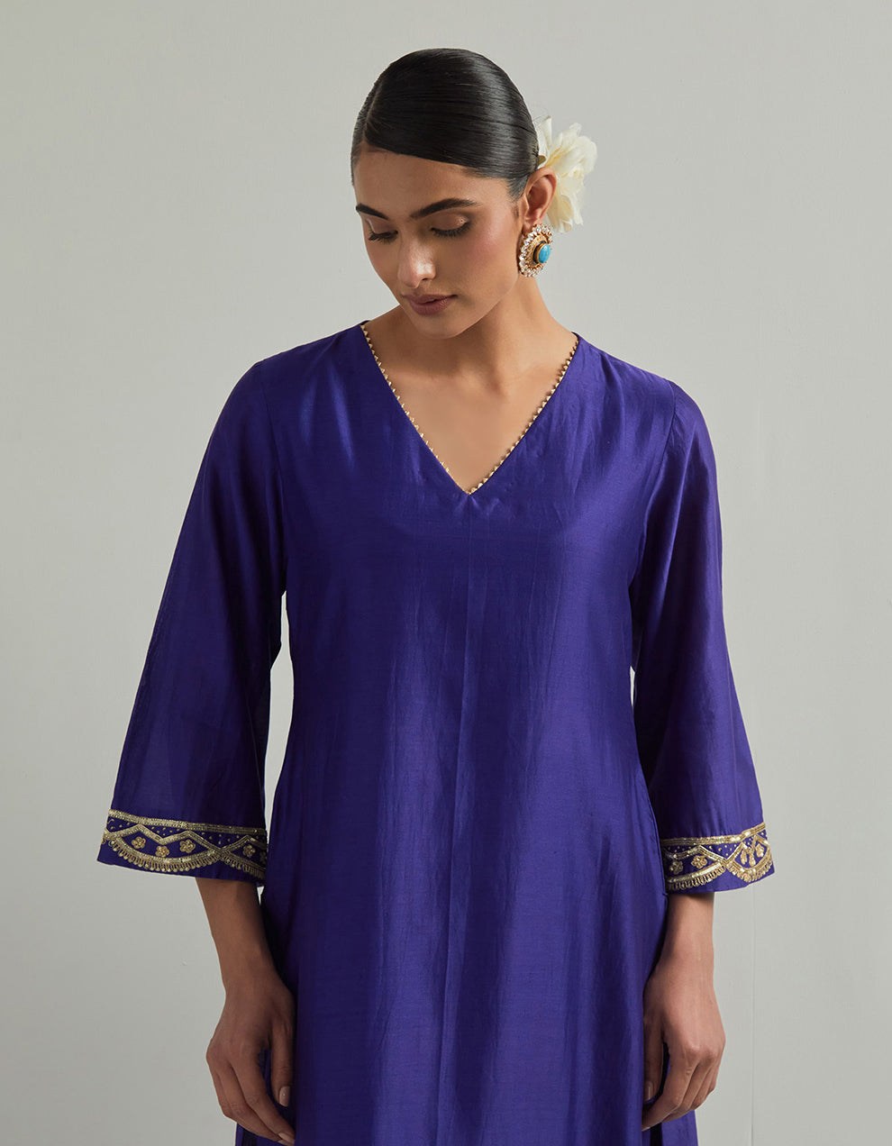 Purple Chanderi Suit With Pant And Organza Dupatta