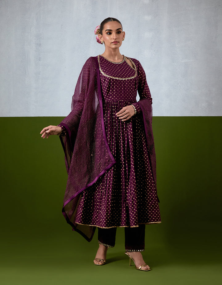 Purple Embroidered Chanderi Anarkali Set