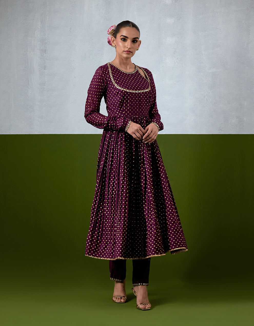 Purple Embroidered Chanderi Anarkali Set