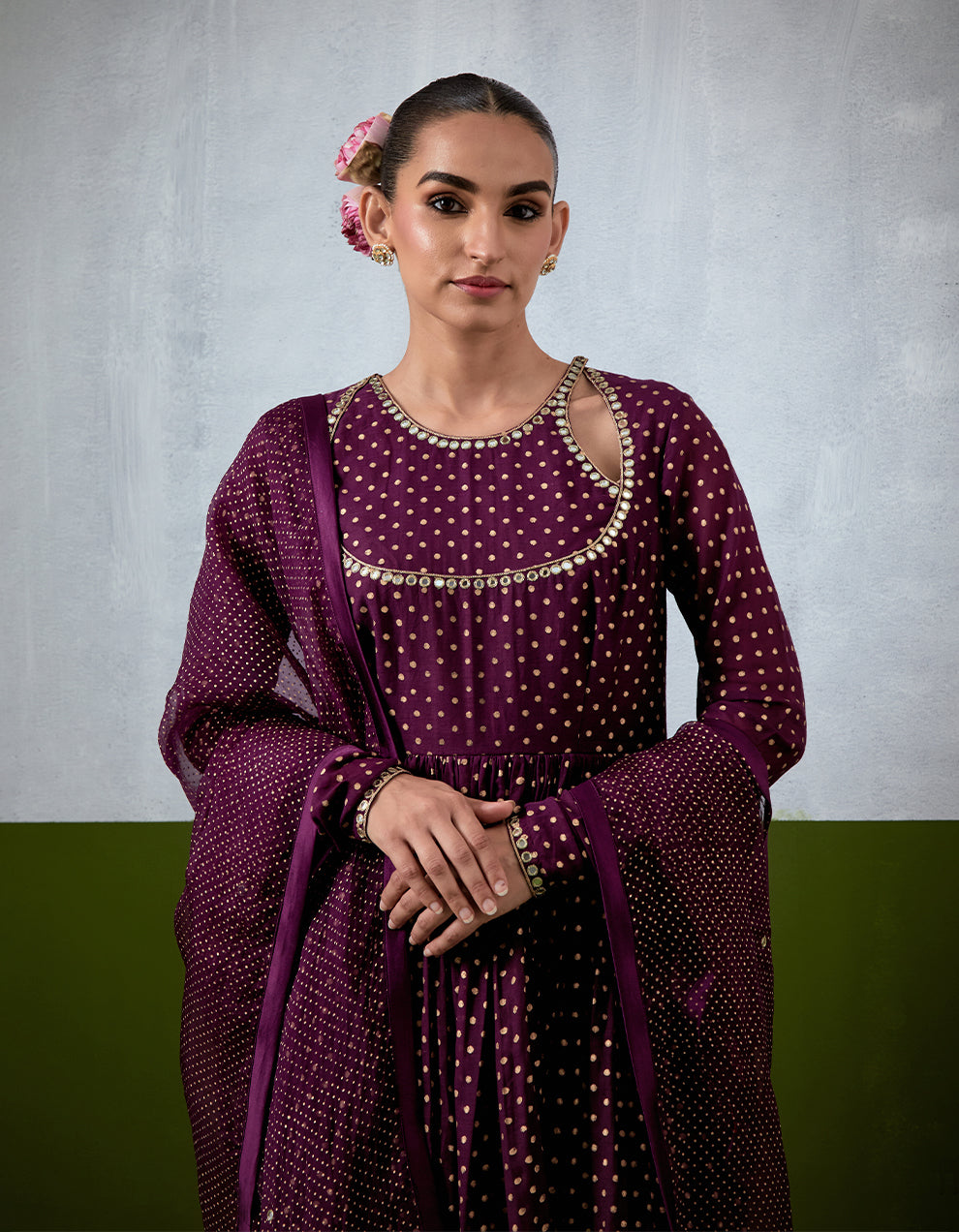 Purple Embroidered Chanderi Anarkali Set