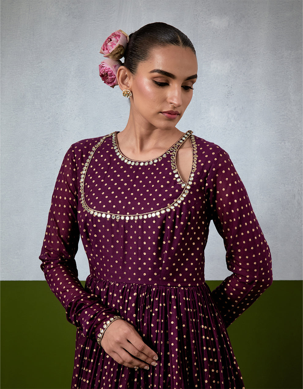 Purple Embroidered Chanderi Anarkali Set