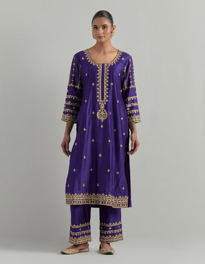 Purple Hand Embroidered Chanderi Suit Set