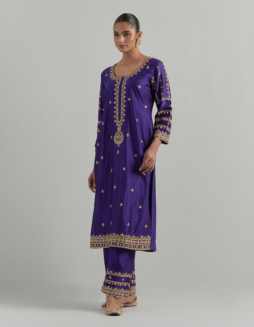 Purple Hand Embroidered Chanderi Suit Set
