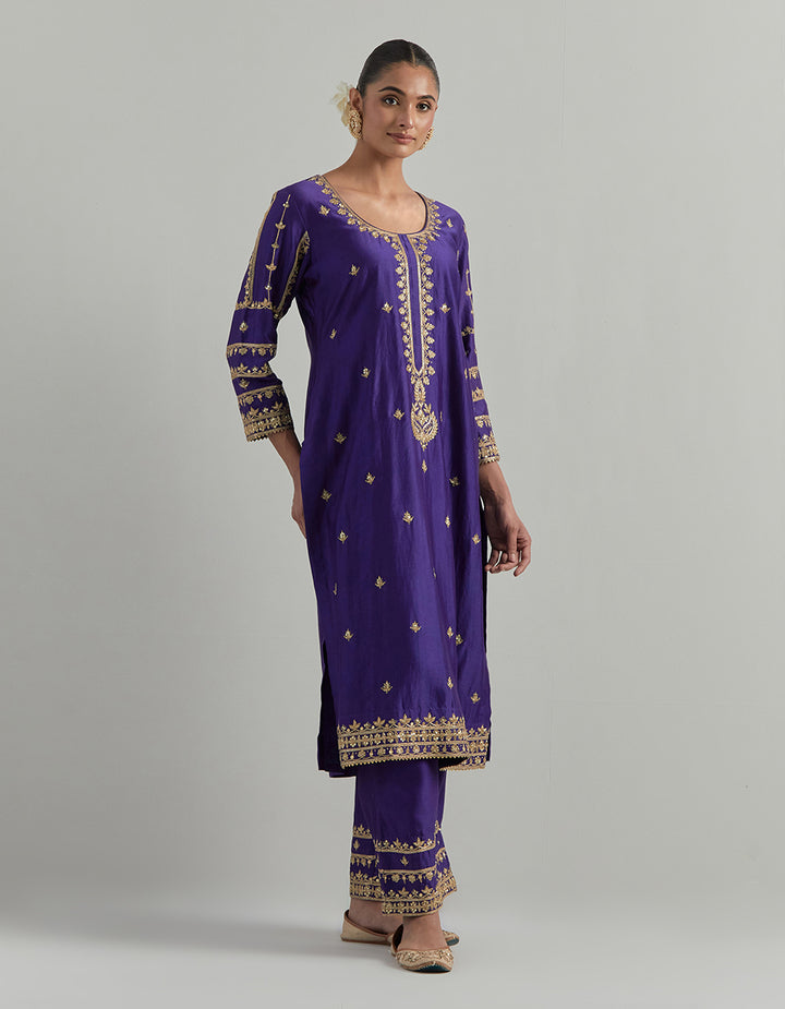 Purple Hand Embroidered Chanderi Suit Set
