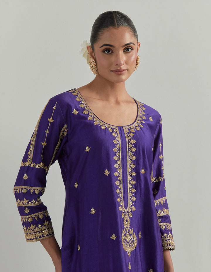 Purple Hand Embroidered Chanderi Suit Set