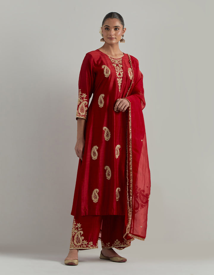 Red Chanderi Suit With Pant And Organza Dupatta