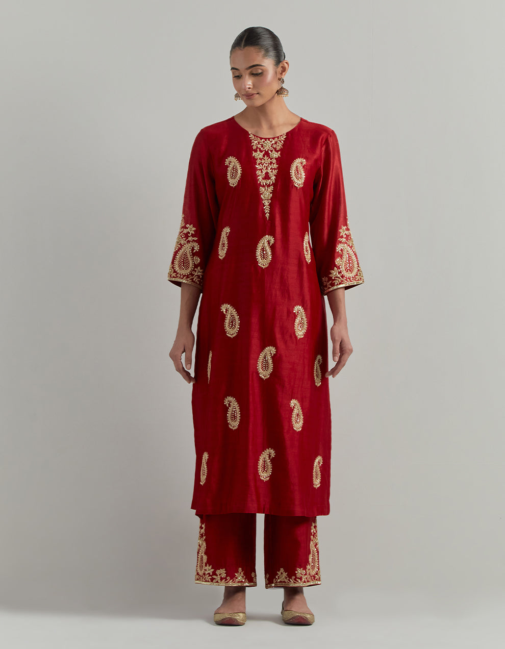 Red Chanderi Suit With Pant And Organza Dupatta