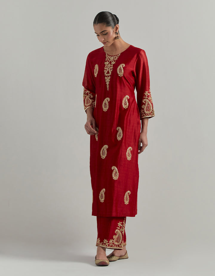 Red Chanderi Suit With Pant And Organza Dupatta