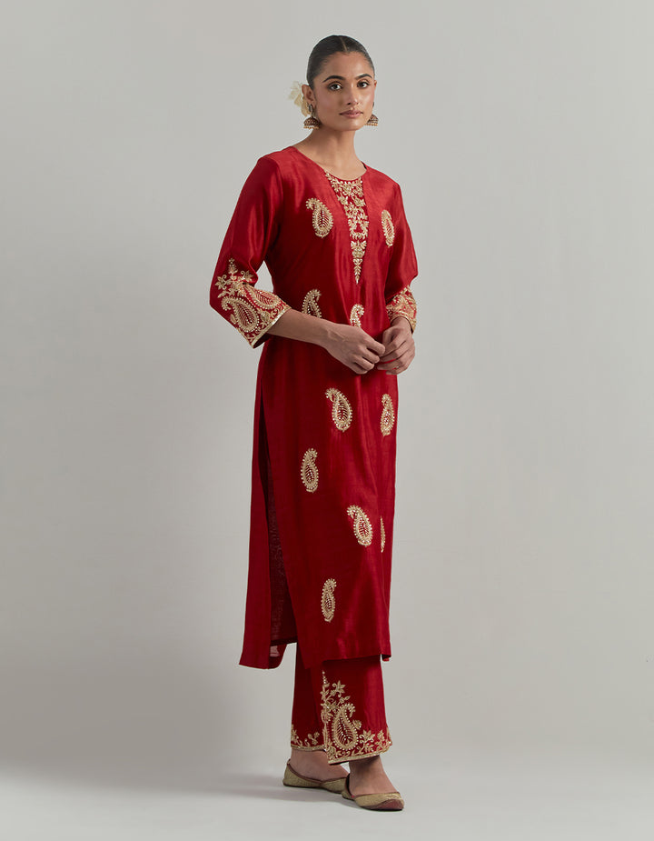 Red Chanderi Suit With Pant And Organza Dupatta