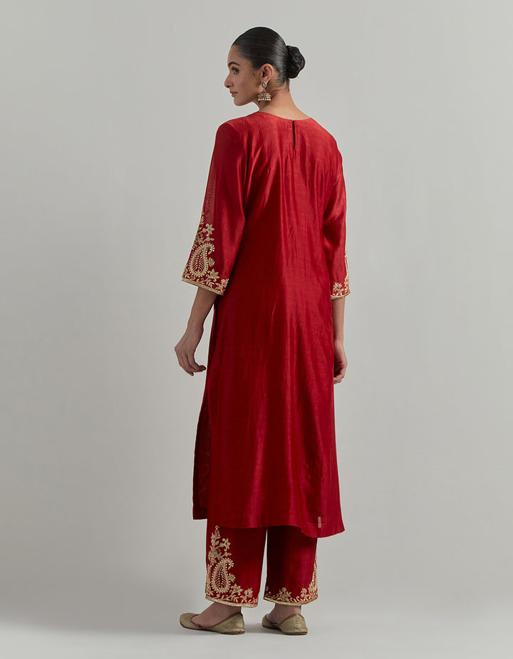 Red Chanderi Suit With Pant And Organza Dupatta