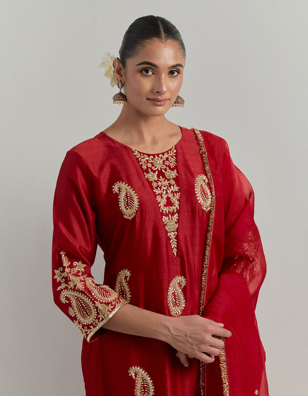 Red Chanderi Suit With Pant And Organza Dupatta