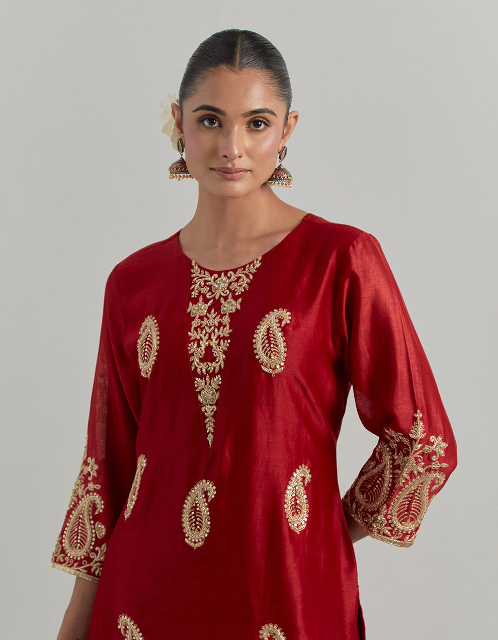 Red Chanderi Suit With Pant And Organza Dupatta