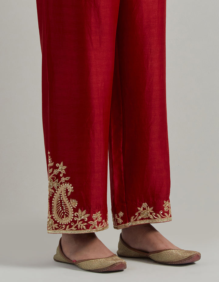 Red Chanderi Suit With Pant And Organza Dupatta