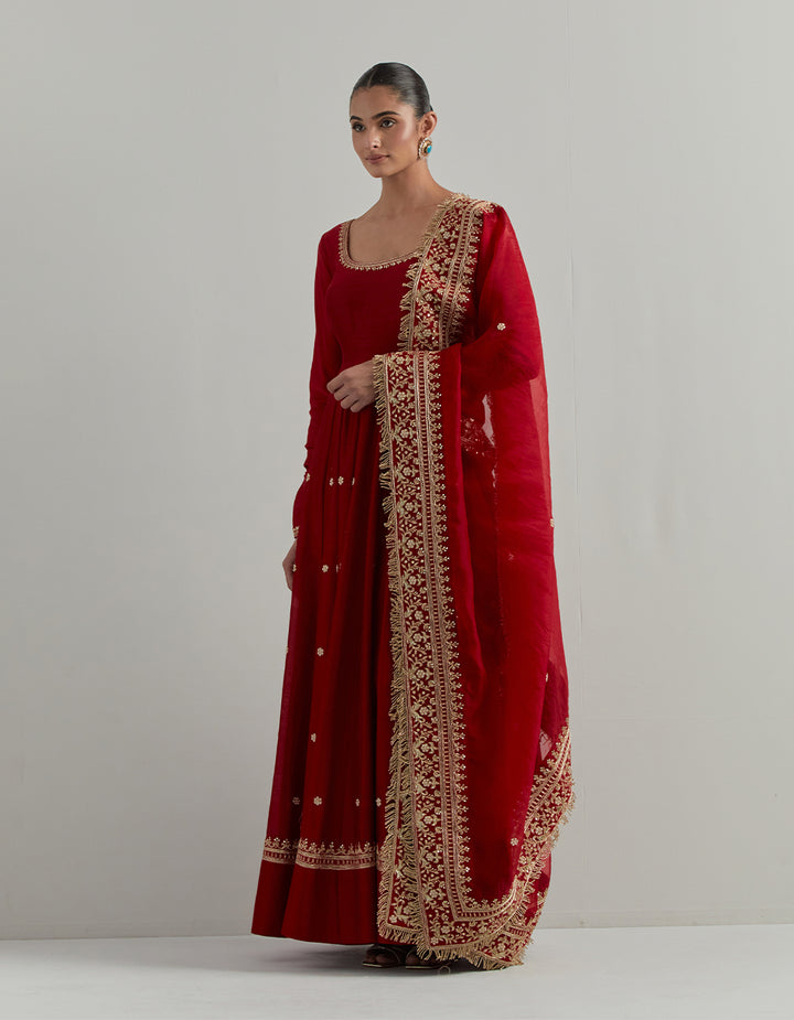 Red Embroidered Anarkali Suit Set
