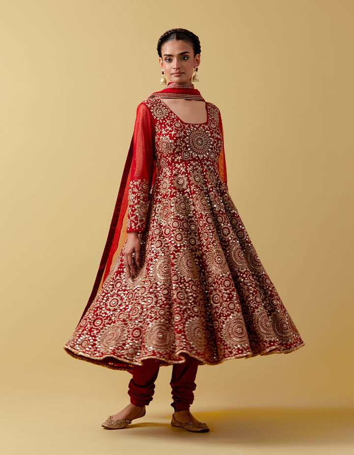 Red Embroidered Anarkali Suit Set