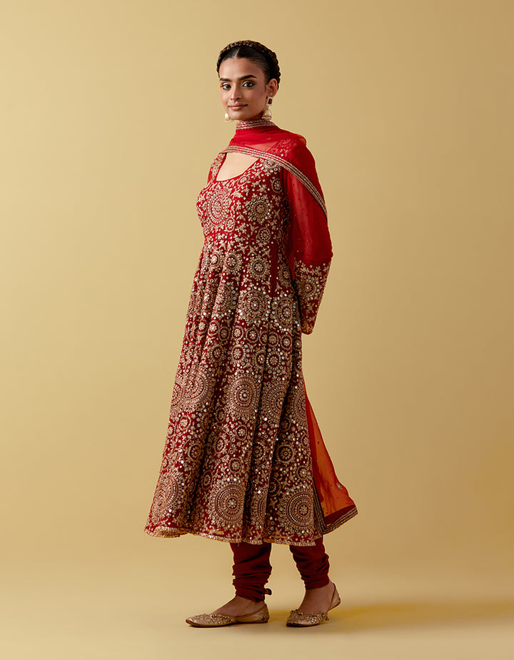 Red Embroidered Anarkali Suit Set