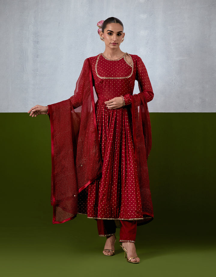 Red Embroidered Chanderi Anarkali Set