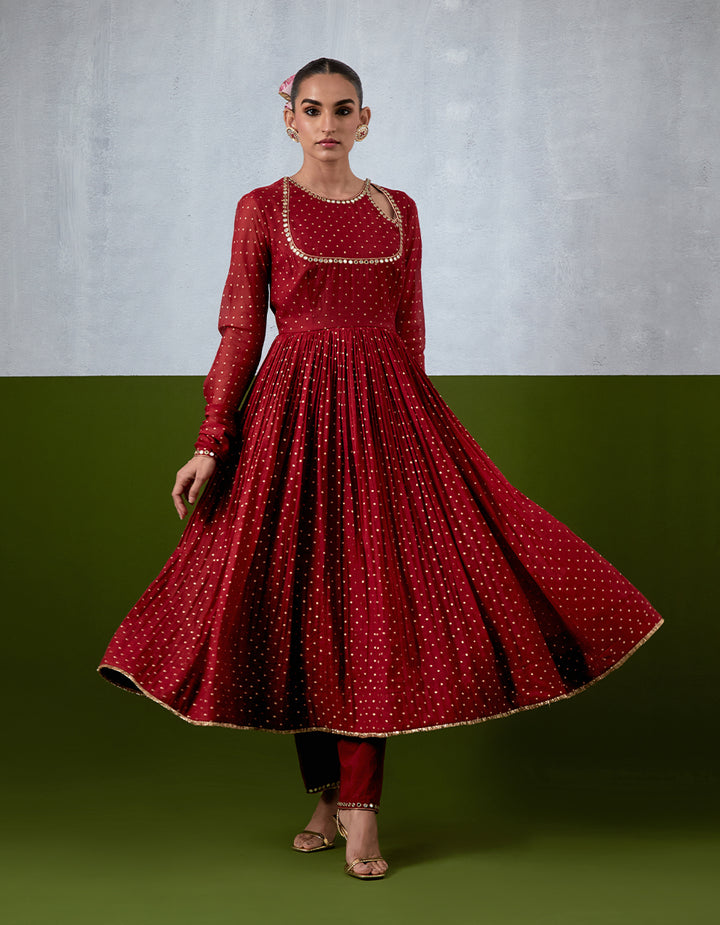 Red Embroidered Chanderi Anarkali Set