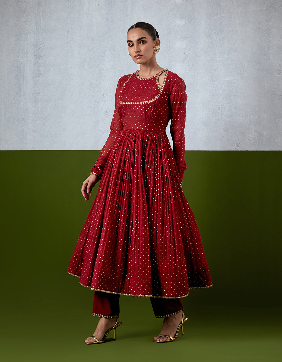 Red Embroidered Chanderi Anarkali Set