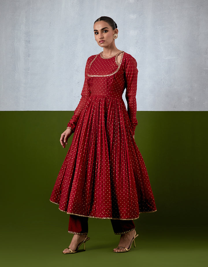 Red Embroidered Chanderi Anarkali Set