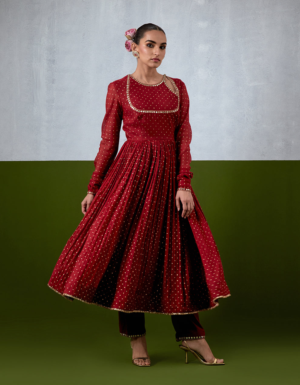 Red Embroidered Chanderi Anarkali Set