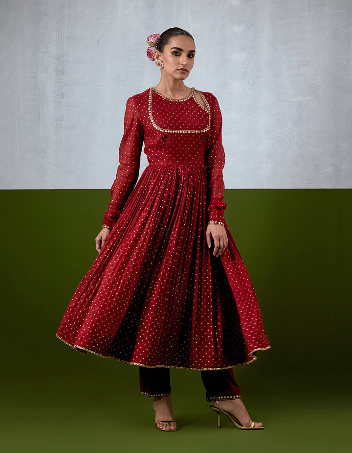 Red Embroidered Chanderi Anarkali Set