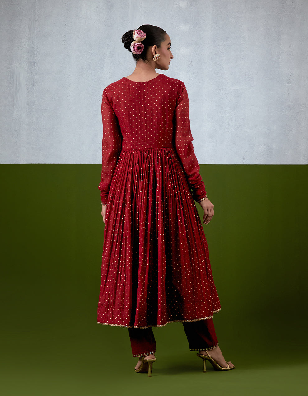 Red Embroidered Chanderi Anarkali Set
