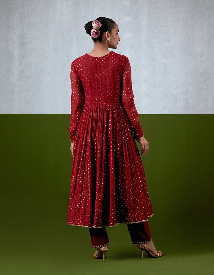 Red Embroidered Chanderi Anarkali Set