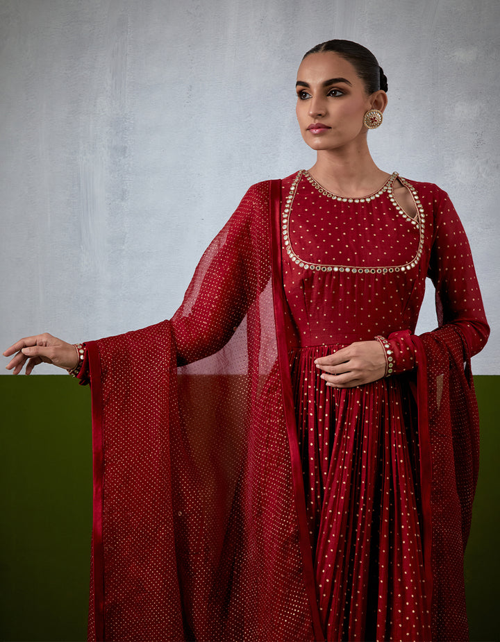 Red Embroidered Chanderi Anarkali Set