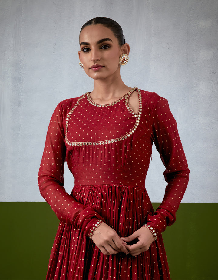 Red Embroidered Chanderi Anarkali Set