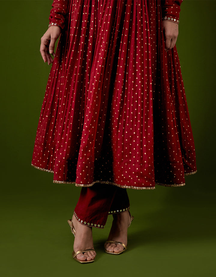 Red Embroidered Chanderi Anarkali Set