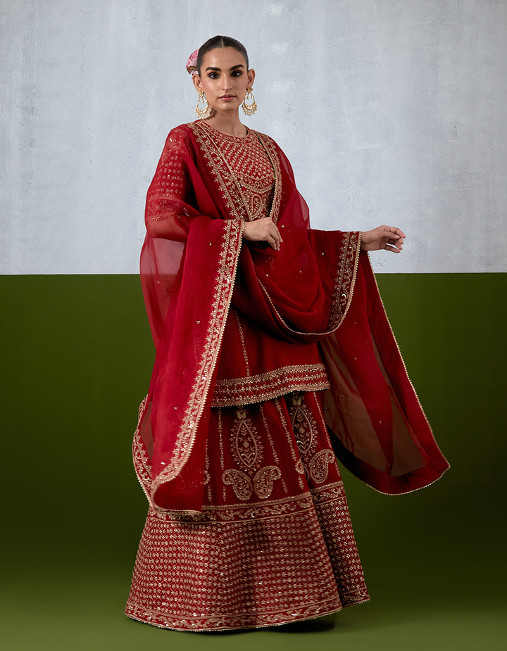 Red Embroidered Sharara Suit Set