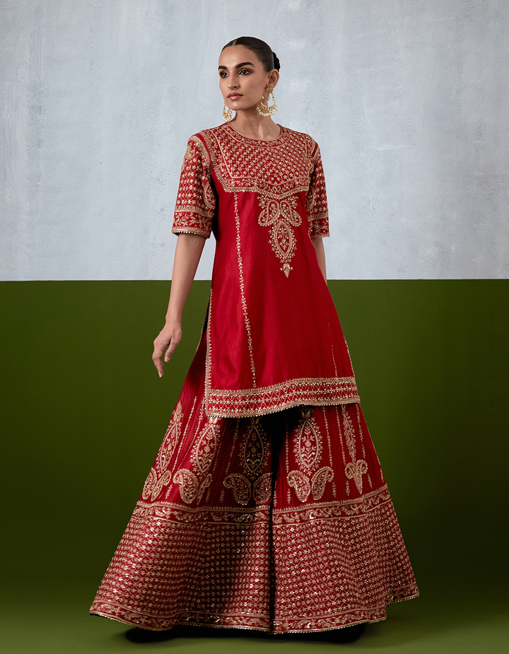 Red Embroidered Sharara Suit Set