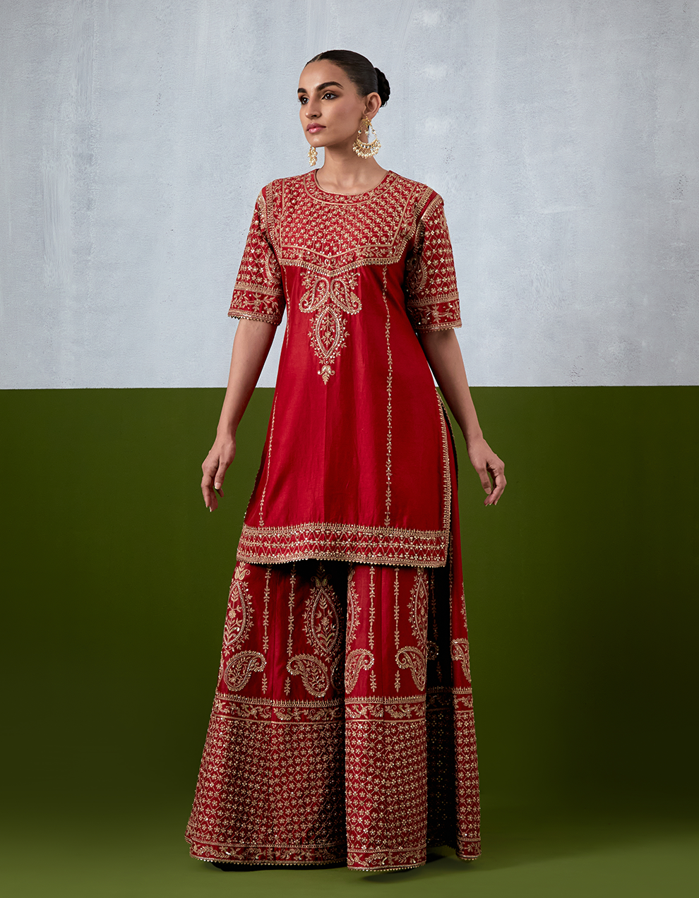 Red Embroidered Sharara Suit Set
