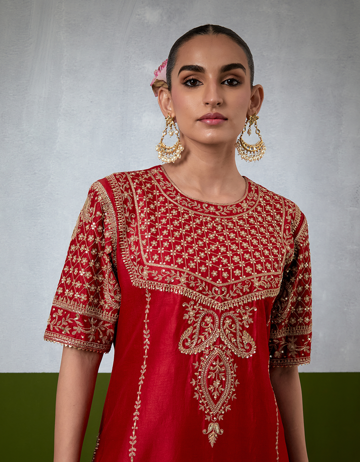 Red Embroidered Sharara Suit Set