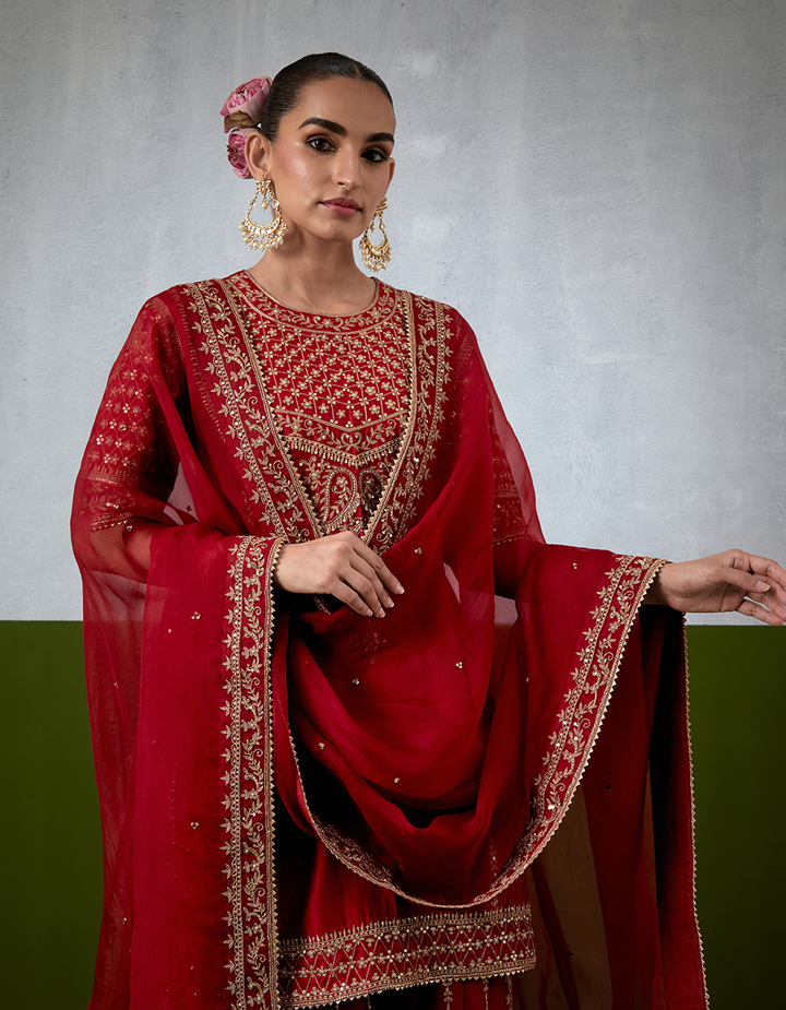Red Embroidered Sharara Suit Set