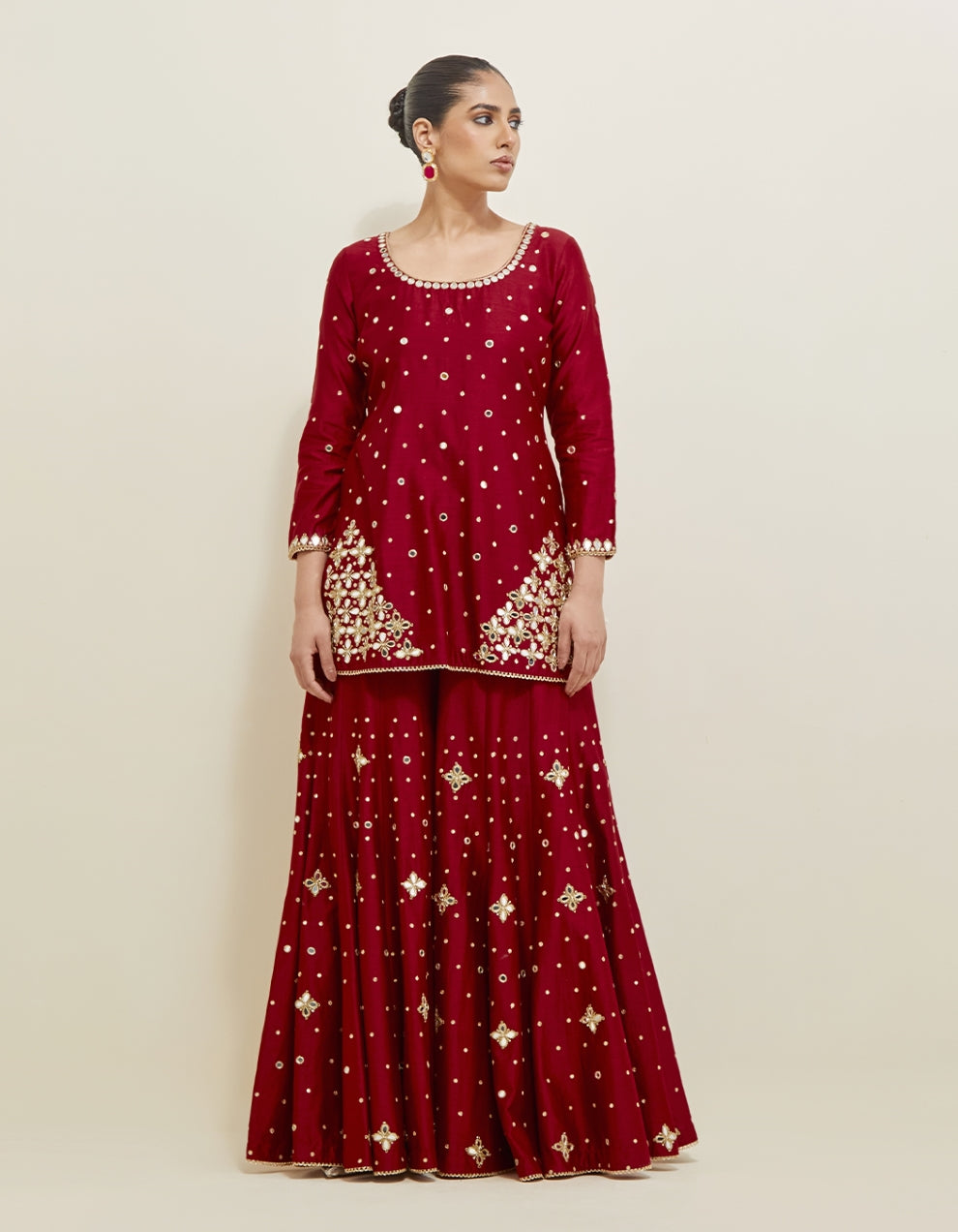 Red Hand Embroidered Chanderi Sharara Set