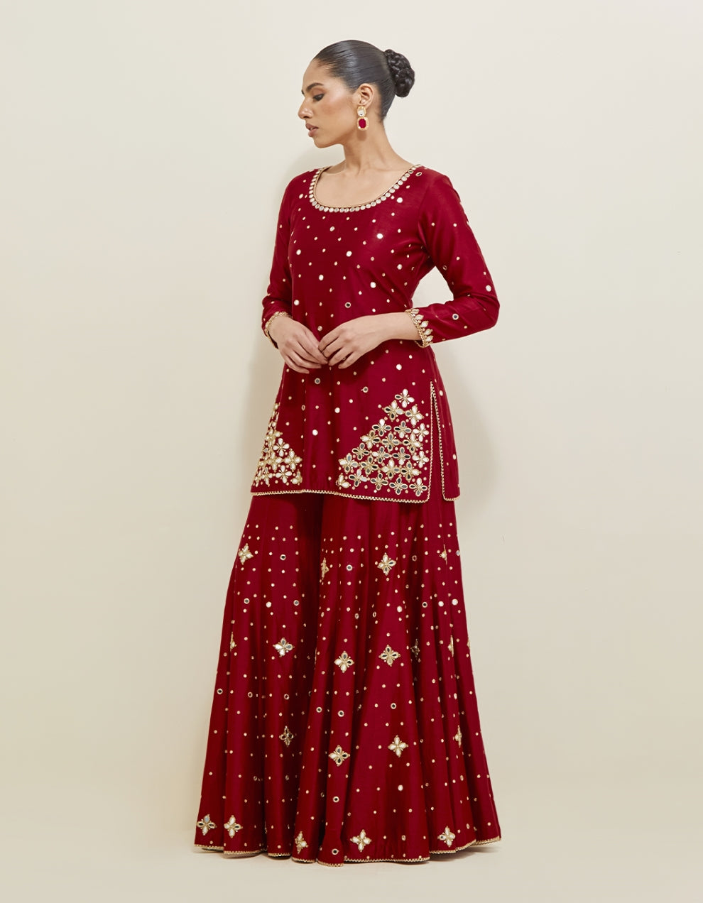 Red Hand Embroidered Chanderi Sharara Set